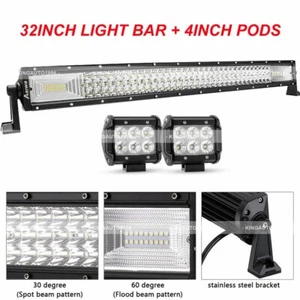 32inch 405W 3-row LED Light Bar + 4'' Flood Pods Offroad Fits Jeep Truck SUV 4X4 - Picture 1 of 11