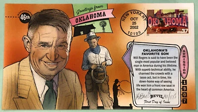 Bevil GFA Greetings From Oklahoma Will Rogers 46th State 2002 FDC Sc 3596 - Image 1 of 4