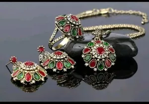NEW Bold 5Pc Ruby & Emerald Statement Jewellery Pendant Necklace Ring Earrings - Picture 1 of 13