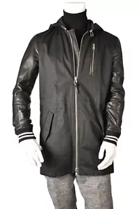 MACKAGE Black Cotton Canvas Leather Mixed Media Coaches 3/4 Jacket Medium - Picture 1 of 10