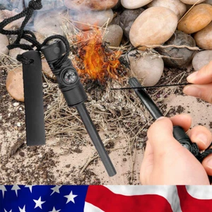 Ferrocerium Flint Fire Starter Camping Rod Survival Kit Lighter Compass Whistle - Picture 1 of 14