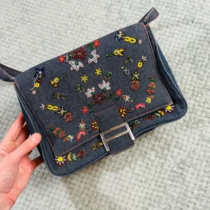 Vintage blau Denim Hand Perlen bunte Blumen Pailletten Y2K Baguette Schultertasche - Bild 1 von 8