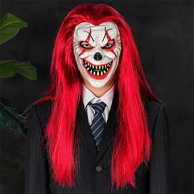 Long Hair Clown Mask - Halloween Scary Evil Latex Cosplay Costume Prop - Image 1 of 4
