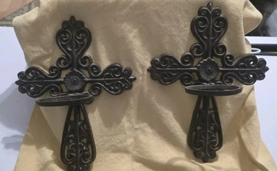 Pair of Cast Iron Cross Candle Holder Sconce Wall Hanging Home Decor Folding Cup - Image 1 of 4