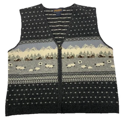 Woolrich Lambswool Zip Vest Woman Large Sheep Farm Mountains Gray Printed Retro - Image 1 of 4