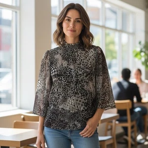 Top Chicos Mujer 0 S Negro Estampado Animal Capa Transparente Acampanado Boho Western Mob Esposa - Imagen 1 de 13