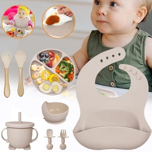 Silikon Baby Geschirrset Kindergeschirr Kinder Teller Schüssel + Lätzchen Löffel - Bild 1 von 12