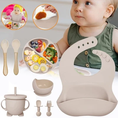Silikon Baby Geschirrset Kindergeschirr Kinder Teller Schüssel + Lätzchen Löffel - Bild 1 von 4