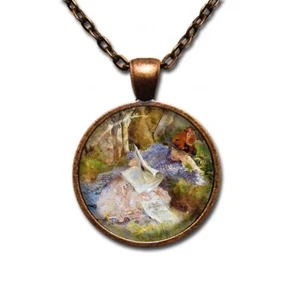 Larsson's Lady Reading a Newspaper - Handmade Round Glass Pendant Necklaces - Picture 1 of 10