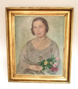 Antikes signiertes Damenporträt von 1922 / Berlin - Öl auf Leinwand - Goldrahmen - Bild 1 von 9
