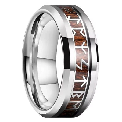 Viking Rune Wood Ring Silver 316L Stainless Steel Druid Celtic Norse Band Unisex - Image 1 of 4