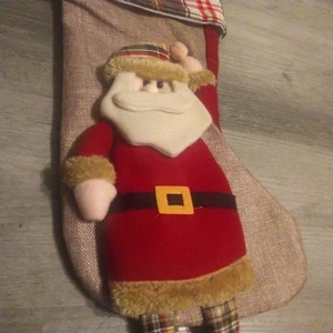 Christmas Santa Claus Plaid Holiday Stocking w/Dangling Legs or Use As Gift Bag - Picture 1 of 6