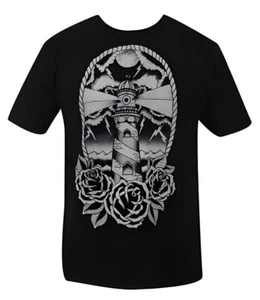 NEW Black Market Art Men's Black Lighthouse & Roses Ocean T-Shirt Artist: Adi - Picture 1 of 1