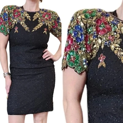 Vestido de Cóctel Vintage Años 80 Talla 6 Negro Cuentas Lentejuelas Floral Metálico LBD Seda Foto 1 de 4