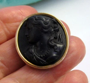 Estate Antique Vintage Rare Black Hard Stone Cameo Lady 9K Yellow Pin Brooch - Picture 1 of 7
