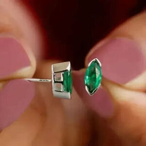 2Ct Marquise Cut Natural Emerald Solitaire Stud Earrings Solid 14K White Gold