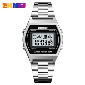 5ATM Wasserdicht Unisex Herren Damen Digital Edelstahl Armbanduhr Datum SILBER - Bild 1 von 1