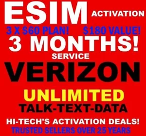 VERIZON ESIM ACTIVATION ✅ 3 MONTHS UNLIMITED SERVICE! ✅ ESIM - NO SHIPPING! ✅ - Picture 1 of 2