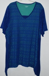 Catherines 2X Top Elástico Azul Artístico Sobre Verde Corto Slv Cuello en V Dobladillo Mordedura de Tiburón - Imagen 1 de 21