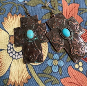 Kupfer Kreuz Ohrringe mit Faux Türkis Christian Western Cowgirl - Bild 1 von 5