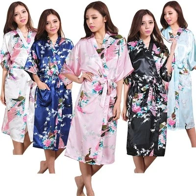 MARKENLOS Sexy Seiden Pfau Damen Brautjungfer Kimono Bademantel Satin Nachthemd Kleid