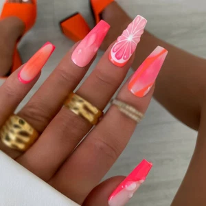 Long Coffin Press-On False Nail 3D Soild Orange Blooming Gradient Manicure 24pcs - Picture 1 of 6