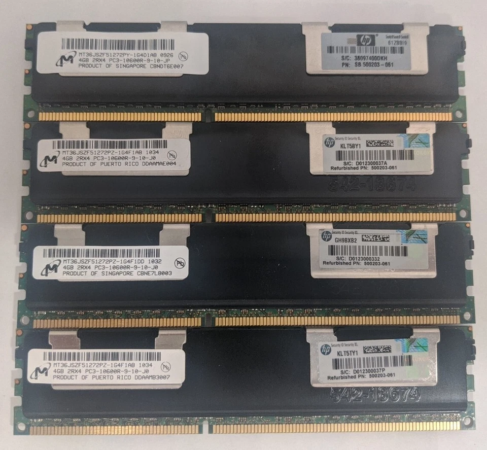 Micron 16GB (4x4GB) ECC SERVER RAM PC3-10600R DDR3-1333 MT36JSZF51272PY-1G4D1AB - Image 1 of 1