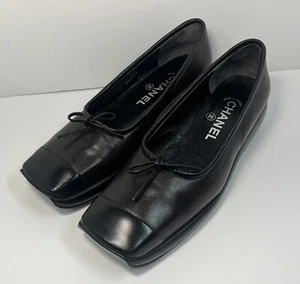 VTG CHANEL Square Toe Wedges Ballet Style Brown & Black Leather Bow Heels Sz 37 - Picture 1 of 14