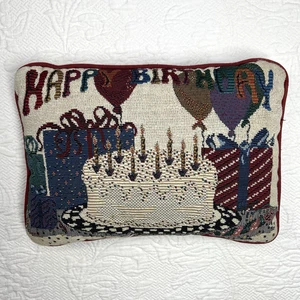 Vintage Tapestry Happy Birthday Decorative Throw Pillow Cake Candles Presents - Picture 1 of 9
