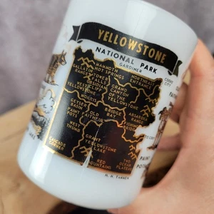 Vintage Yellowstone National Park Mug Federal Milk Glass Cup White Gold Black - Picture 1 of 11