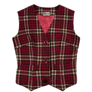 Vintage Plaid Red White Lined Wool Academia Waistcoat Vest 70s 80s Fits like XS - Picture 1 of 8