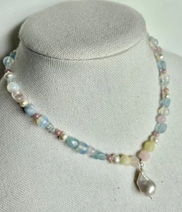 15” Baroque Pearl Necklace Choker Freshwater Pendent Morganite Adj 17” Handmade - Picture 1 of 9