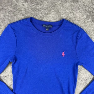 Ralph Lauren Shirt Womens Medium Blue Long Sleeve Crewneck Pink Pony Embroidered - Picture 1 of 8