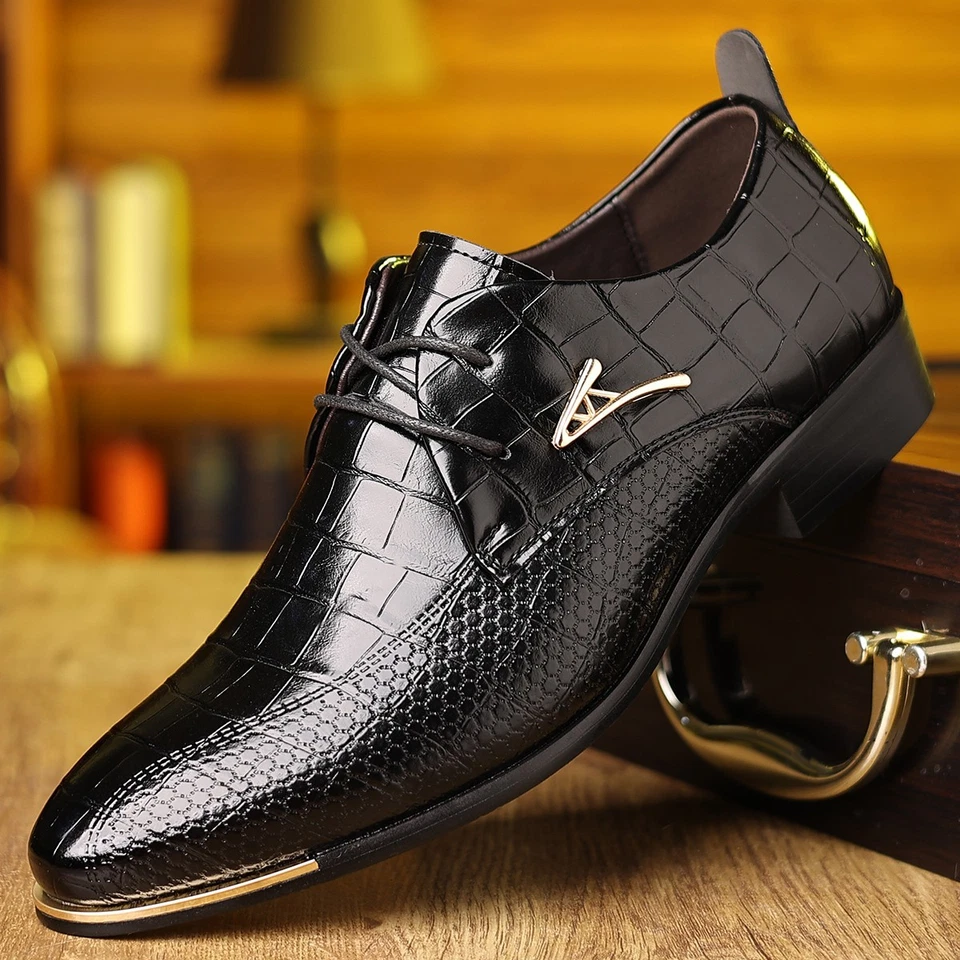 Men's Crocodile-Patterned Lace-Up Dress Shoes Pointed Toe for Formal Occasions - Image 1 of 4