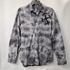 Y2K Helix Shirt Mens L Gray Black Long Sleeve Cotton Angel Wings Cross Button-Up - Picture 1 of 11