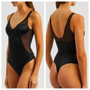 SPANX NWT Women's Black Shaping Satin Thong Bodysuit Mesh Layering Undergarments - Picture 1 of 8
