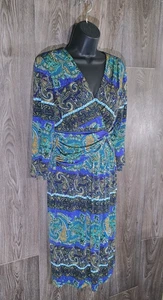 Julian Taylor New York Paisley Midikleid Größe 8 blau grün schwarz Langarm - Bild 1 von 12
