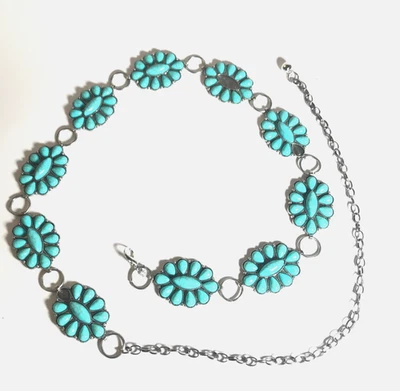 Women's Chain Belt One Size Silver Concho Blue Beads Retro Metal Casual Dress - Image 1 of 4