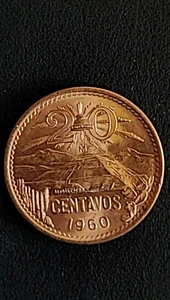 1960 MEXICO MEXICAN 20 CENTAVOS COIN UNCIRCULATED PYRAMID EAGLE SNAKE BRASS - Picture 1 of 2