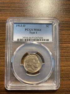 1913-D Buffalo Nickel PCGS MINT STATE MS 64 Type 1 "FIVE CENTS" On Raised Ground - Picture 1 of 4