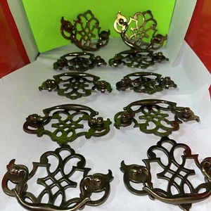 10-Piece  Chippendale Vintage Brass Drawer Pulls Dresser With Screws Complete - Picture 1 of 7