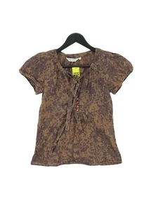 Topshop Women's Top UK 8 Brown Geometric 100% Cotton Short Sleeve V-Neck Basic - Picture 1 of 5