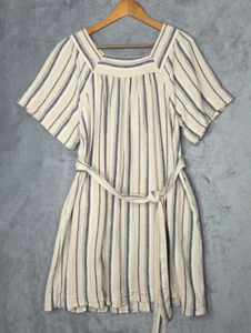 GAP Cream Striped Linen Blend Dress L Belted Short Sleeve Pockets - Picture 1 of 11