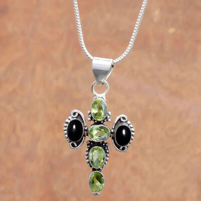 Faceted Peridot & Black Onyx Gemstone Pendant 925 Sterling Silver Handwork Cross - Image 1 of 4