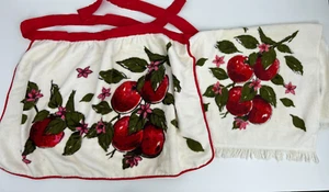 Vintage Sayco Kitchen Towel & Matching Apron Set - MCM Cherry Screen Print USA - Picture 1 of 8