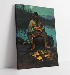 COOL COWBOY SMOKING BY CAMPFIRE HOME DECOR CANVAS WALL ART PICTURE PRINT - Picture 1 of 2