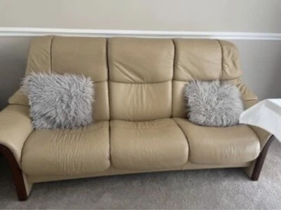 Stressless Eldorado 3 seat sofa high back Paloma Tan leather Teak Wood - Image 1 of 4