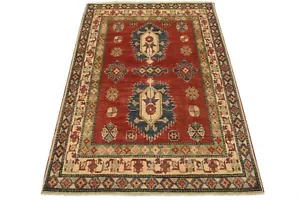 Kazak Rug 4'2'' x 5'10'' Red Wool Tribal Hand-Knotted Oriental Carpet - Picture 1 of 13