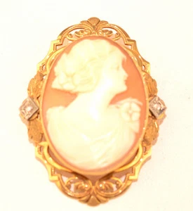 ANTIQUE 14K YELLOW GOLD CAMEO PIN WITH ORNATE FRAME & TWO ROSE CUT DIAMONDS - Picture 1 of 4