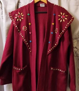 Cappotto cardigan lungo vintage struzzo USA Borgogna abbagliato e metallizzato M - Foto 1 di 17